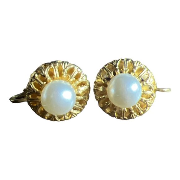 Vintage Gold and Pearl Clip On Earrings - Picture 1 of 2